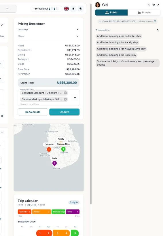 The Yuki assistant open beside a live quotation, offering to add hotel bookings for each stop on the trip