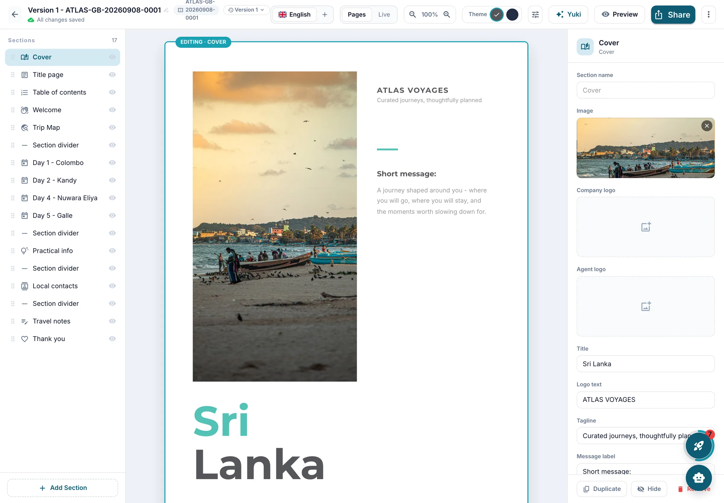 The booklet builder with the section list, the page canvas and the section inspector
