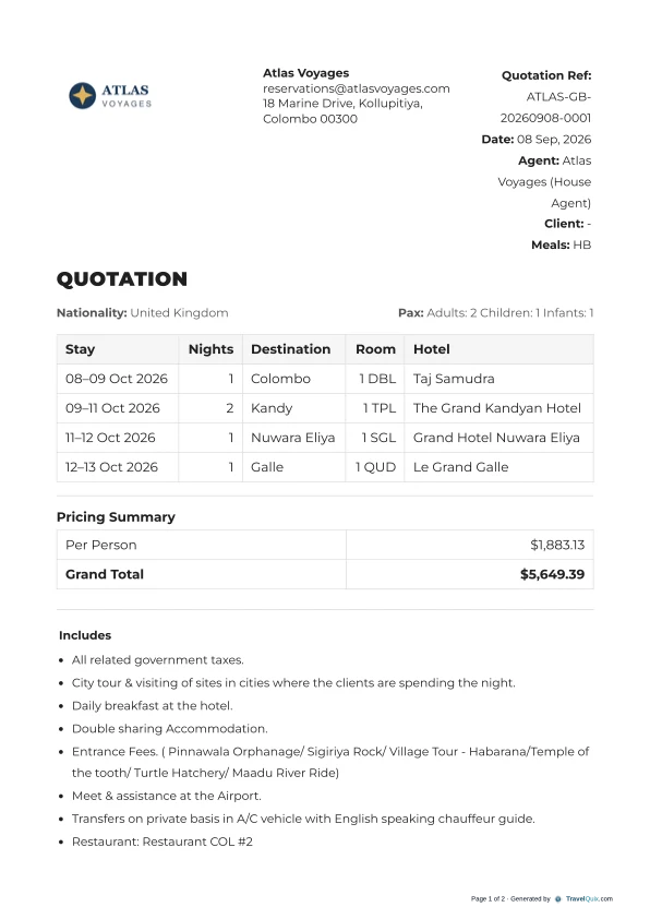A quotation document showing the stay table for all four stops and the pricing summary