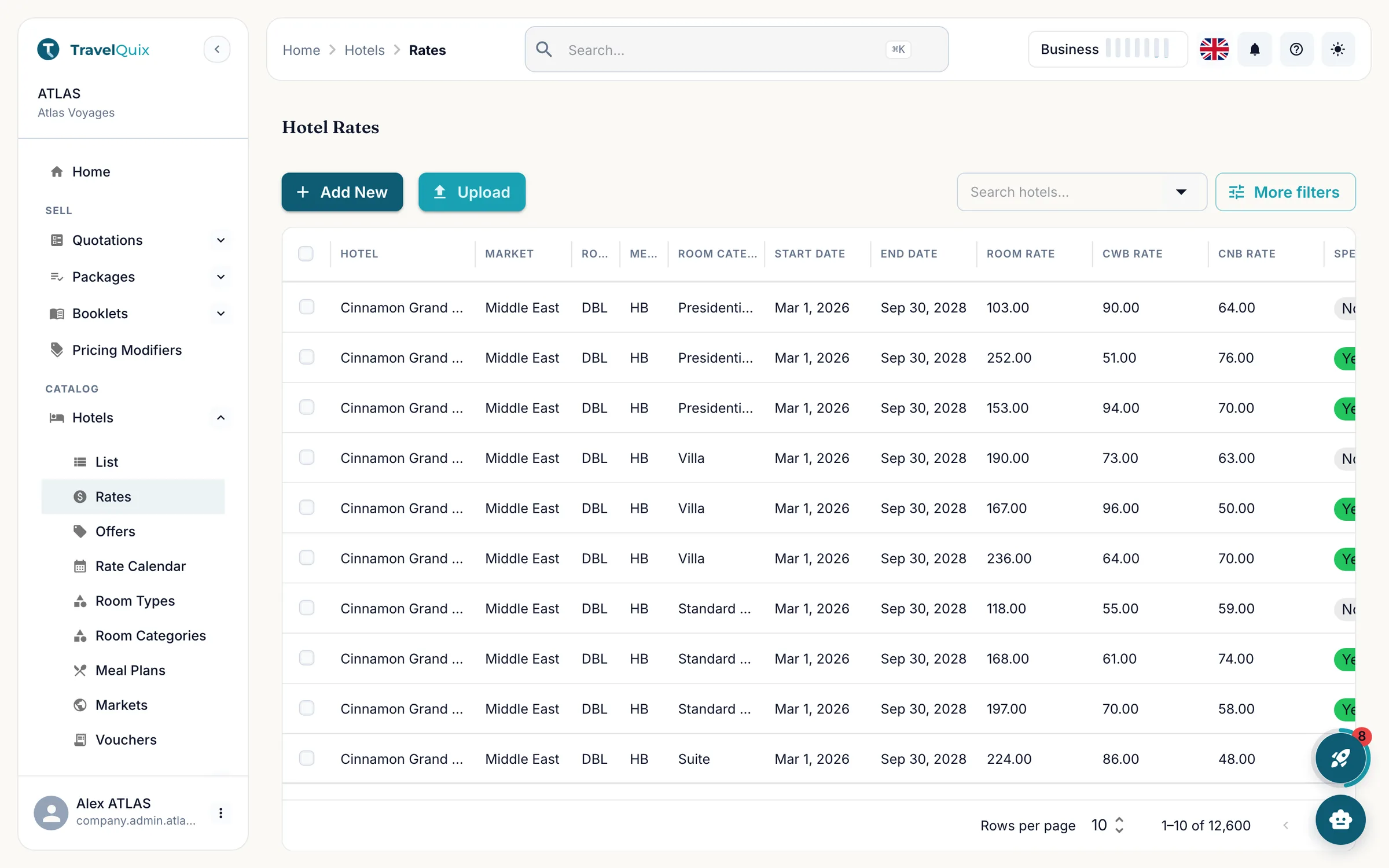 The hotel rates list, filtered by market, room type, meal plan and season